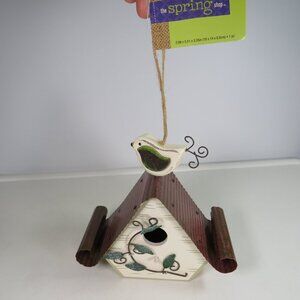 Metal & Wood Birdhouse with Bird hangs or stands by self NEW